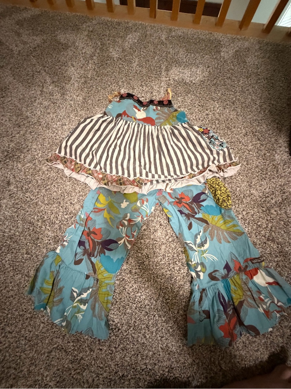 Turquoise Floral Ruffle-Hem Pants and Sleeveless Top